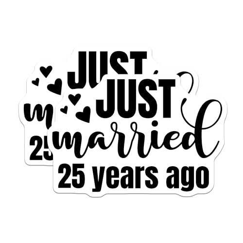 (2 Pack) Just Married 25 Years Ago Stickers - Anniversary Stickers - Love and Celebration Stickers - 5" On Longest Side - Sticks to Smooth Flat Surfaces - Made in USA - BMCS5120