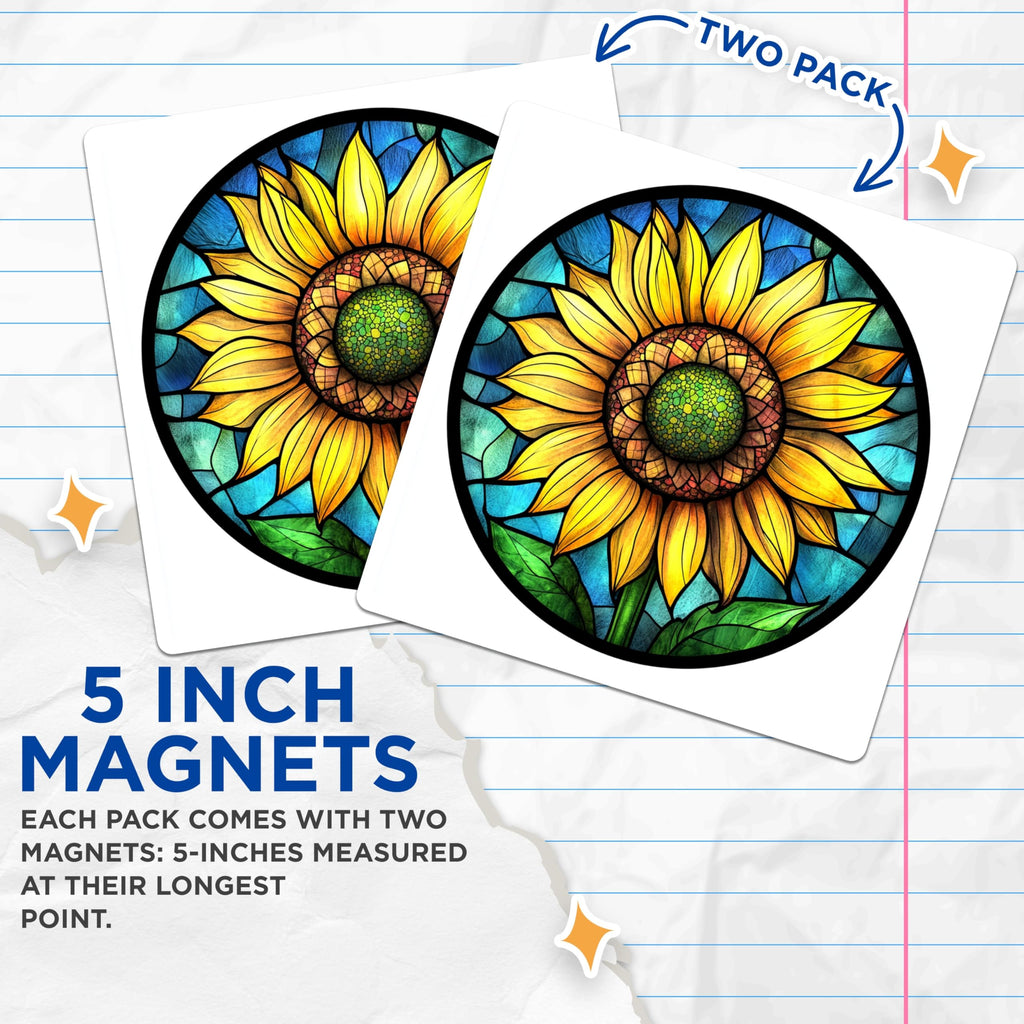 (2 Pack) Stained Glass Sunflower Magnets - Floral Kitchen Decor - Boho Fridge Accent - Summer Botanical Art - 5 Inches On Longest Side - Thick Durable Magnet - Made in USA - MAG25219