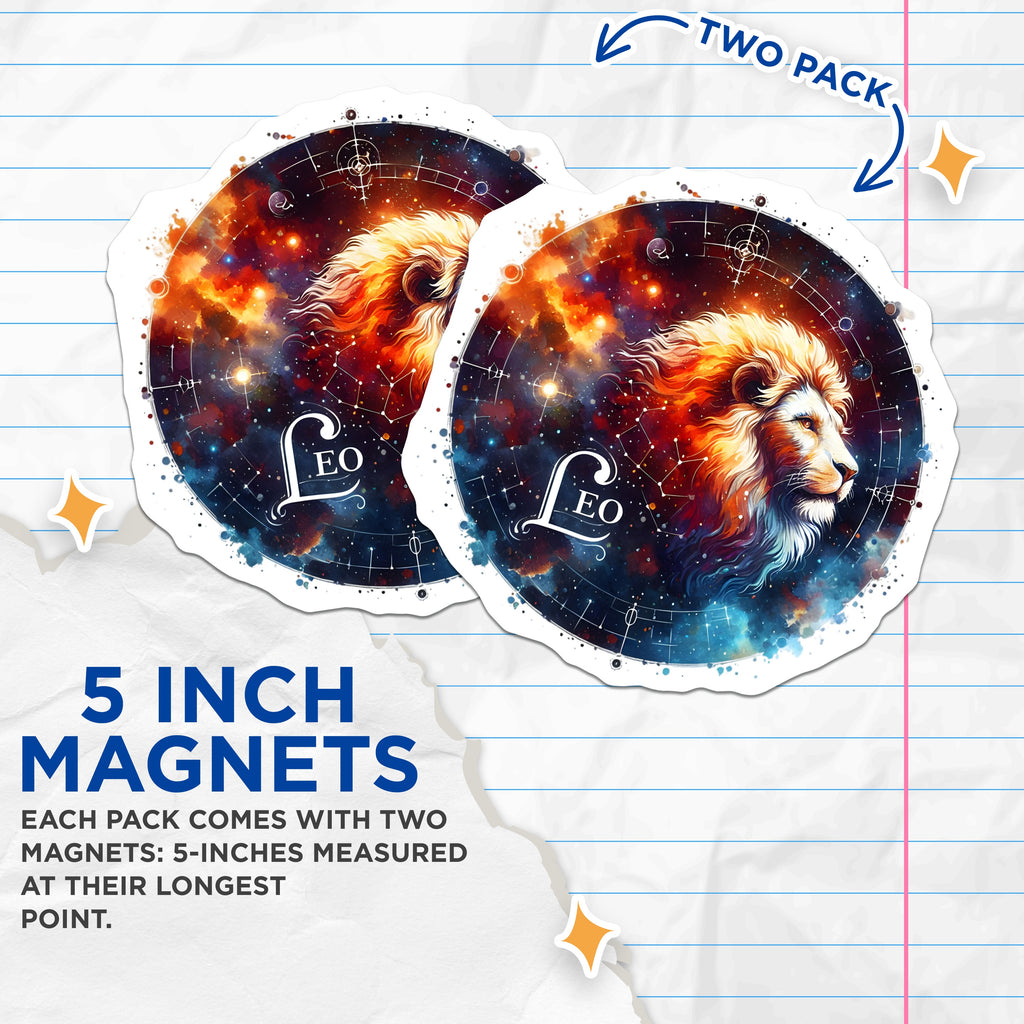 (2 Pack) Leo Zodiac Magnets - Astrology Decor - Cosmic Lion Art - Horoscope Birthday Item for Star Enthusiasts - 5 Inches On Longest Side - Thick Durable Magnet - Made in USA - MAG36616