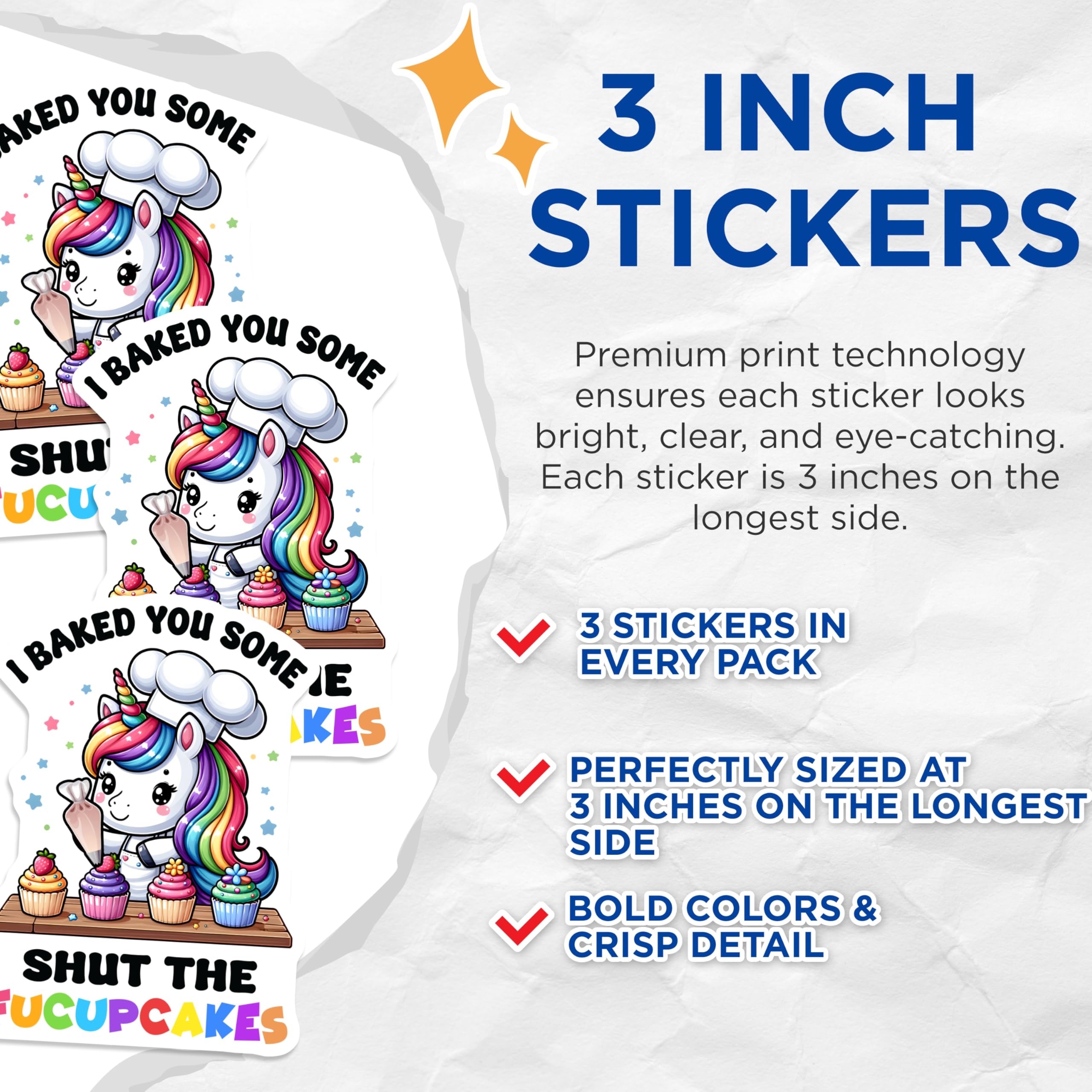 (3 Pack) Funny Unicorn Decals - Chef Unicorn - Cupcake Sticker - 3 Inches On Longest Side - Easy Peel & Apply - Made in USA - 3MCS4414