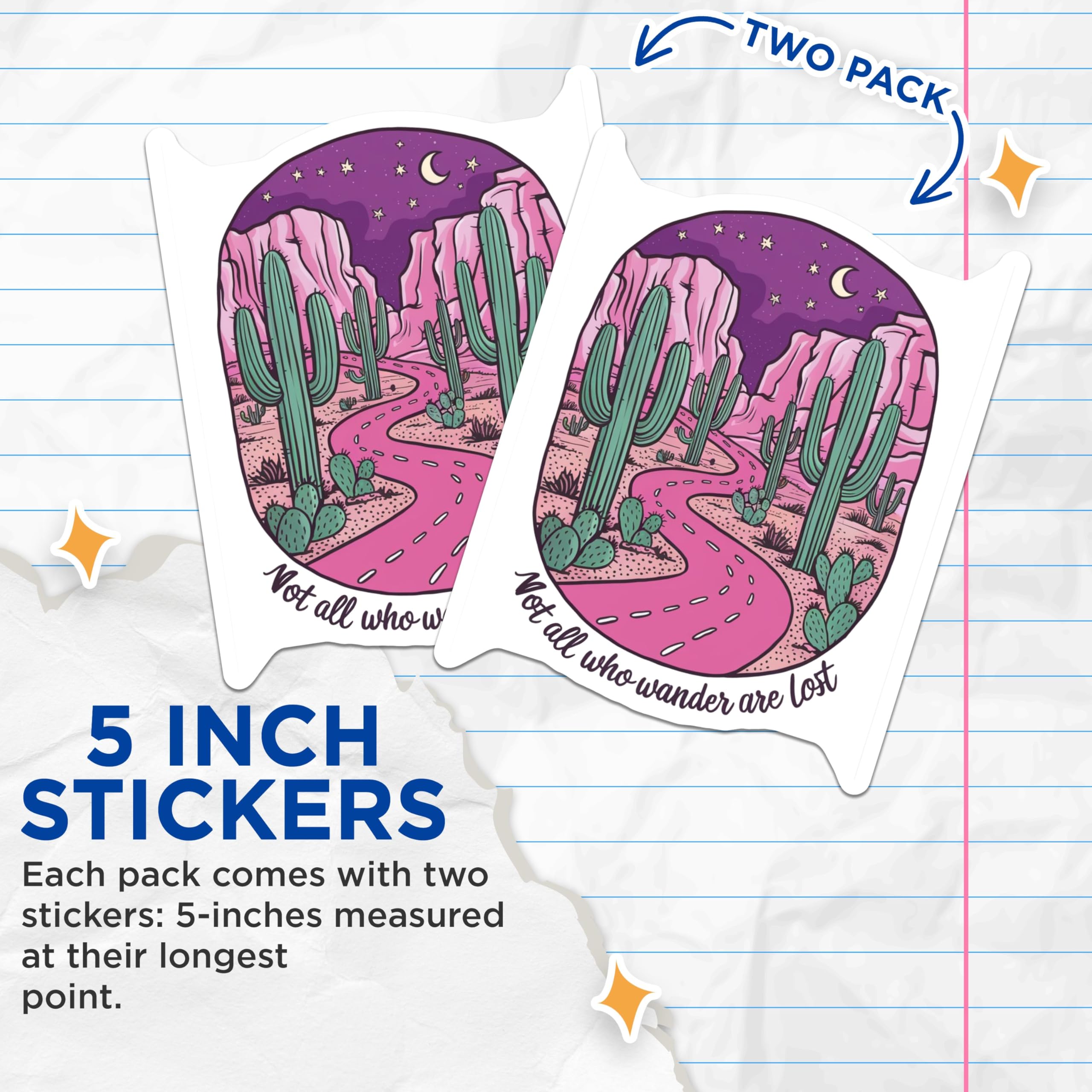(2 Pack) Not All Who Wander are Lost Stickers - Inspirational Quote Stickers - Desert Landscape Stickers - 5" On Longest Side - Sticks to Smooth Flat Surfaces - Made in USA - BMCS4066
