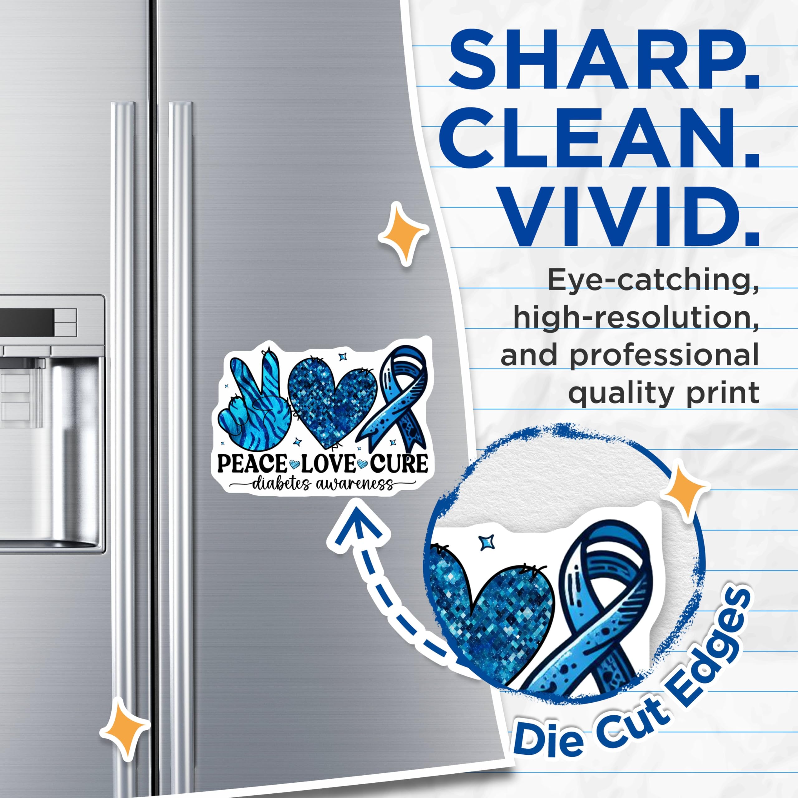 (2 Pack) Peace Love Cure Magnets - Diabetes Awareness Magnet - Blue Ribbon Magnet - 5" On Longest Side - for Cars, Fridges, Toolboxes - Made in USA - MAG3816