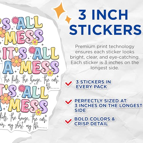 (3 Pack) Its All A Mess Decals - Messy Life - Funny Mom Decal - 3 Inches On Longest Side - Easy Peel & Apply - Made in USA - 3MCS7875