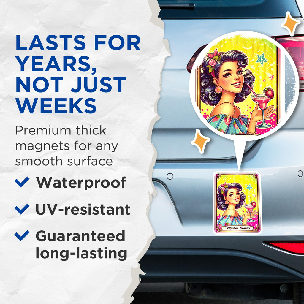 (2 Pack) Martini Maven Magnets - Retro Pin Up Girl Art - Strawberry Cocktail Accessories - 5 Inches On Longest Side - Thick Durable Magnet - Made in USA - MAG20748
