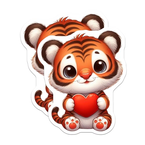 (2 Pack) Tiger Love Magnets - Cute Animal Magnets - Heart Holding Tiger Magnets - Adorable Tiger Kitchen - 5" On Longest Side - for Cars, Fridges, Toolboxes - Made in USA - MAG3698
