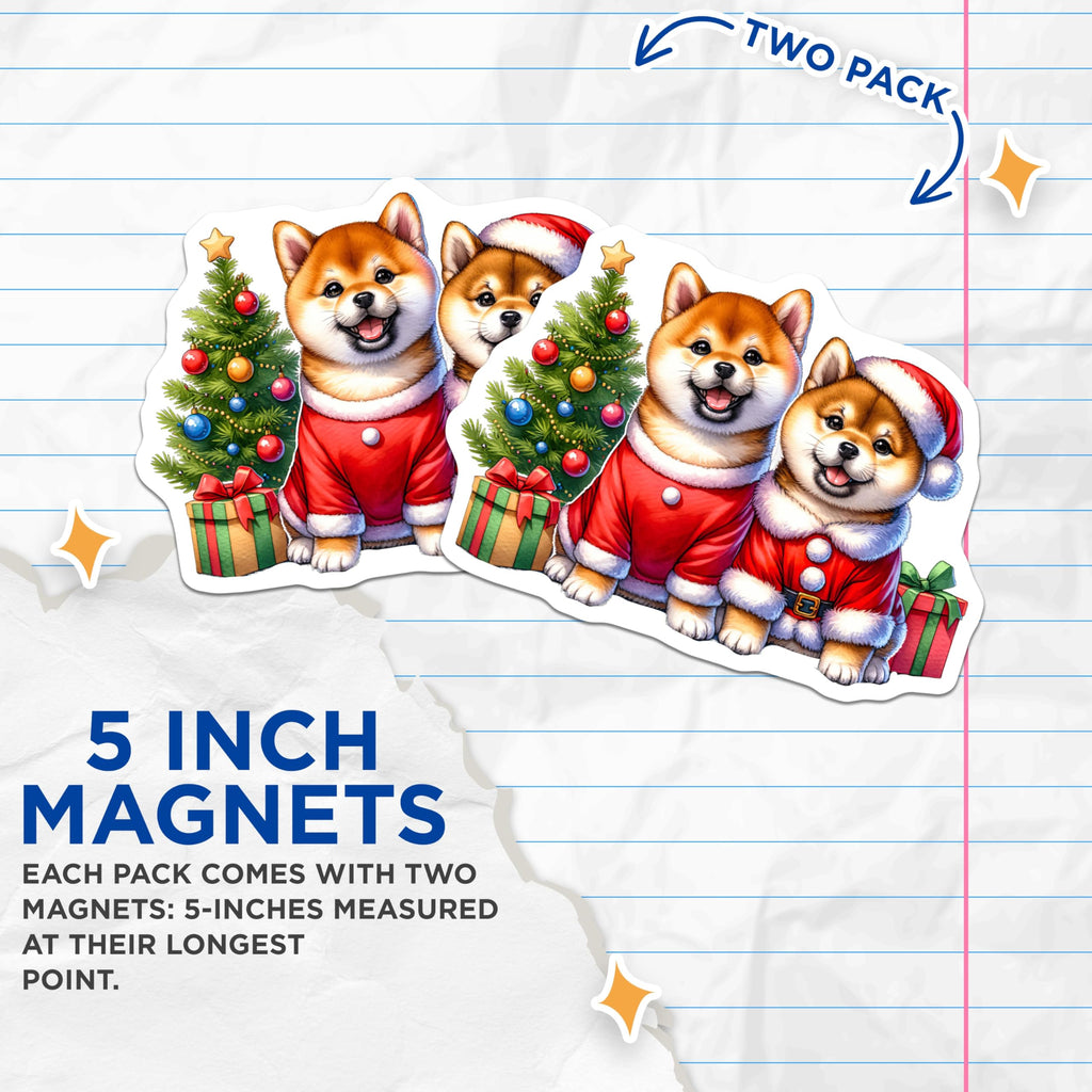 (2 Pack) Shiba Inu Christmas Magnets - Santa Dog Holiday Decor - Puppy Lover Fridge Accessory - 5 Inches On Longest Side - Thick Durable Magnet - Made in USA - MAG26885