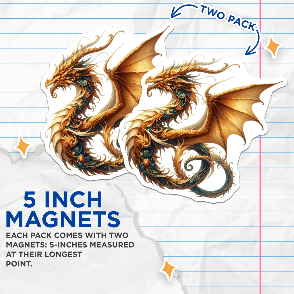 (2 Pack) Golden Dragon Magnets - Mythical Creature Art - Fantasy Gaming Decoration - 5 Inches On Longest Side - Thick Durable Magnet - Made in USA - MAG37946