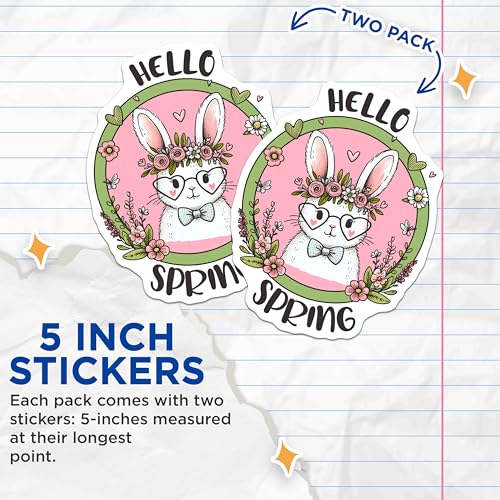 (2 Pack) Hello Spring Bunny Stickers - Cute Floral Bunny Art - Spring Season for Laptops Tablets - 5" On Longest Side - Sticks to Smooth Flat Surfaces - Made in USA - BMCS8009