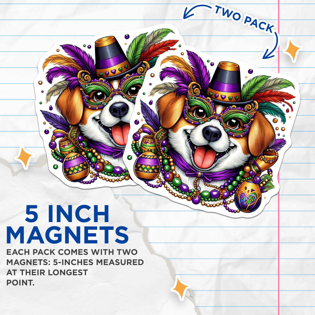 (2 Pack) Mardi Gras Dog Magnets - Carnival Beagle - Party Favor Magnets - 5" On Longest Side - Premium Magnet - for Cars, Refrigerators, Toolboxes, Lockers - Made in USA - MAG15718
