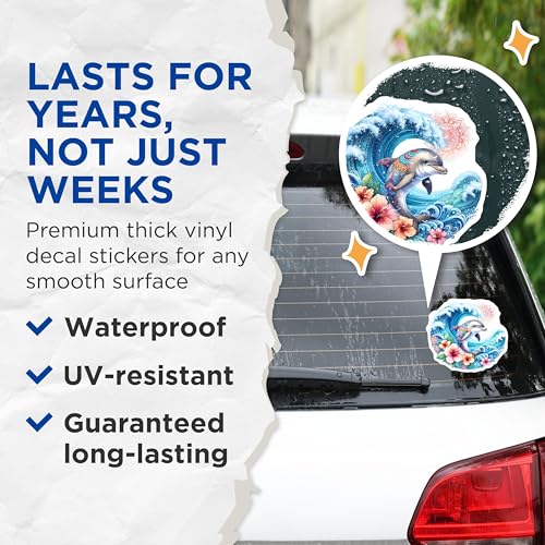 (2 Pack) Dolphin Hibiscus Stickers - Ocean Wave Stickers - Mandala Art Stickers - 5" On Longest Side - Sticks to Smooth Flat Surfaces - Made in USA - BMCS9485