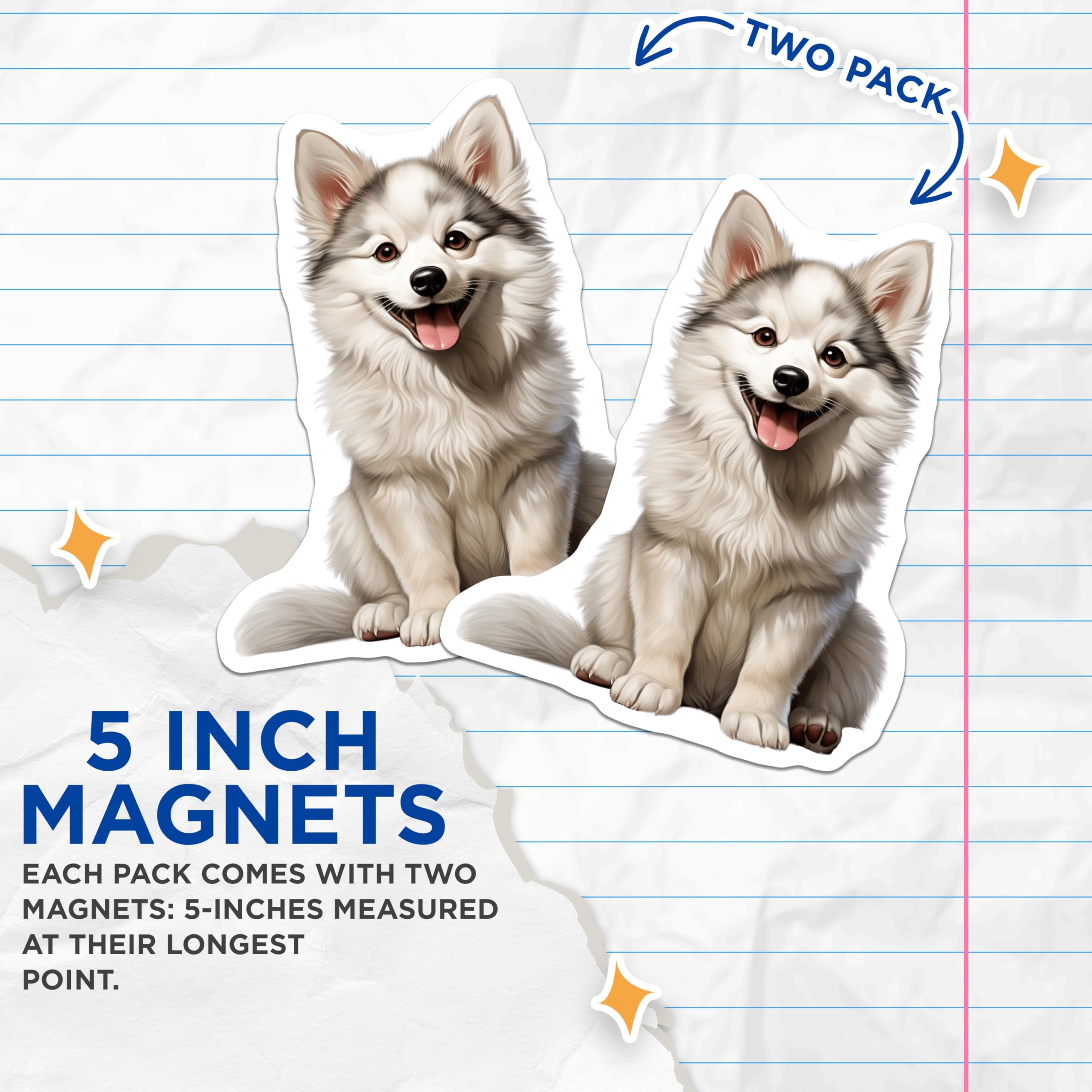 (2 Pack) Husky Puppy Magnets - Fluffy Dog Decor - Adorable Canine Art - 5 Inches On Longest Side - Thick Durable Magnet - Made in USA - MAG24986