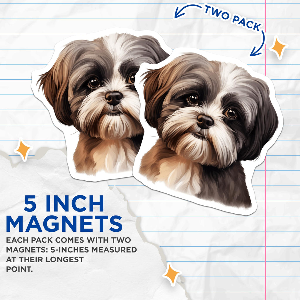 (2 Pack) Shih Tzu Dog Magnets - Cute Puppy Pet Decor - Animal Lover Refrigerator Locker Magnets - Home Kitchen Office Art - 5 Inches On Longest Side - Thick Durable Magnet - Made in USA - MAG24621