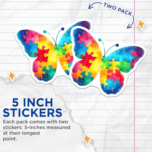 (2 Pack) Butterfly Puzzle Stickers - Colorful Butterfly - Jigsaw Puzzle - 5" On Longest Side - Sticks to Smooth Flat Surfaces - Made in USA - BMCS7895
