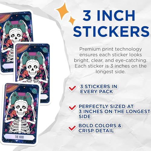 (3 Pack) Noob Gamer Decals - Skeleton with Controller - Funny Gaming Decals - 3 Inches On Longest Side - Easy Peel & Apply - Made in USA - 3MCS8758