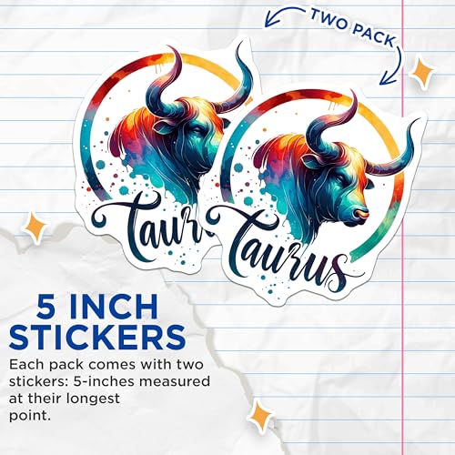 (2 Pack) Taurus Zodiac Stickers - Bull Art Decor - Colorful Star Sign - 5" On Longest Side - Sticks to Smooth Flat Surfaces - Made in USA - BMCS6524