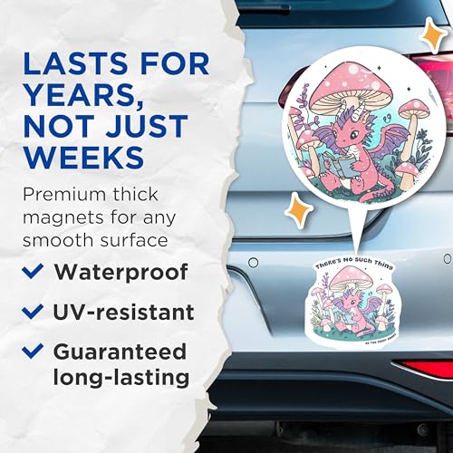 (2 Pack) There's No Such Thing as Too Many Books Magnets - Cute Dragon Reading - Whimsical Pink Mushrooms - 5" On Longest Side - for Cars, Fridges, Toolboxes - Made in USA - MAG7176
