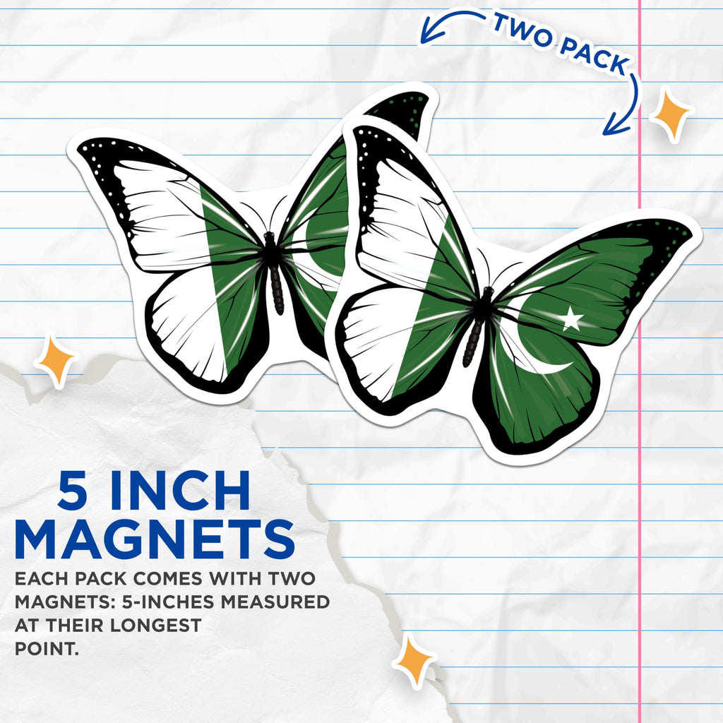 (2 Pack) Pakistan Flag Butterfly Magnets - Pakistani Pride - Fridge Home Locker Decor - 5" On Longest Side - Premium Magnet - for Cars, Refrigerators, Toolboxes, Lockers - Made in USA - MAG17285