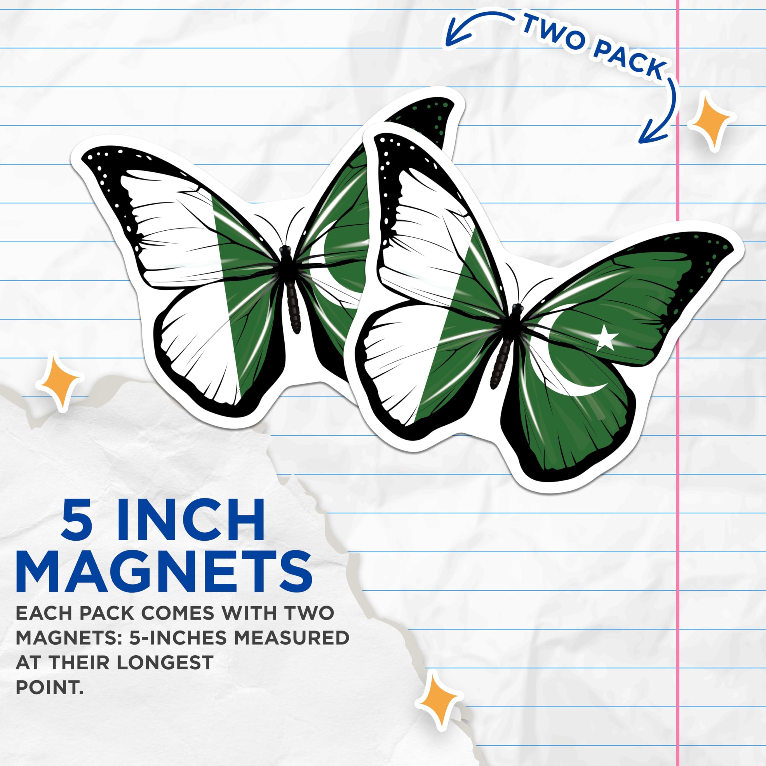 (2 Pack) Pakistan Flag Butterfly Magnets - Pakistani Pride - Fridge Home Locker Decor - 5" On Longest Side - Premium Magnet - for Cars, Refrigerators, Toolboxes, Lockers - Made in USA - MAG17285