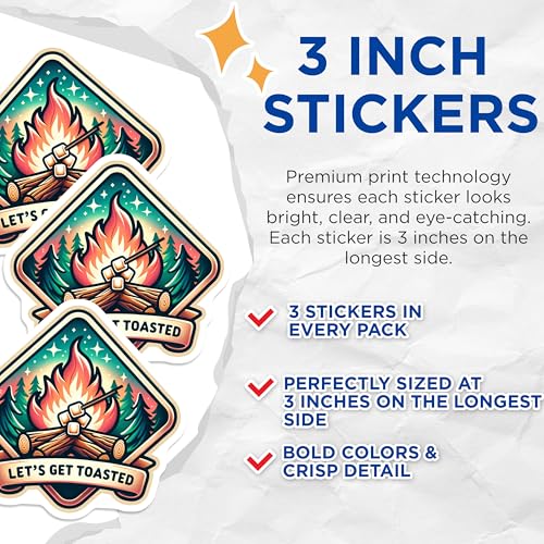 (3 Pack) Let's Get Toasted Decals - Camping Decal - Marshmallow Decal- 3 Inches On Longest Side - Easy Peel & Apply - Made in USA - 3MCS5790