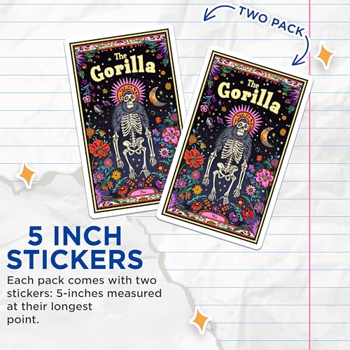 (2 Pack) Gorilla Skeleton Stickers - Colorful Floral Art Stickers - Unique Animal Design Stickers - 5" On Longest Side - Sticks to Smooth Flat Surfaces - Made in USA - BMCS3648