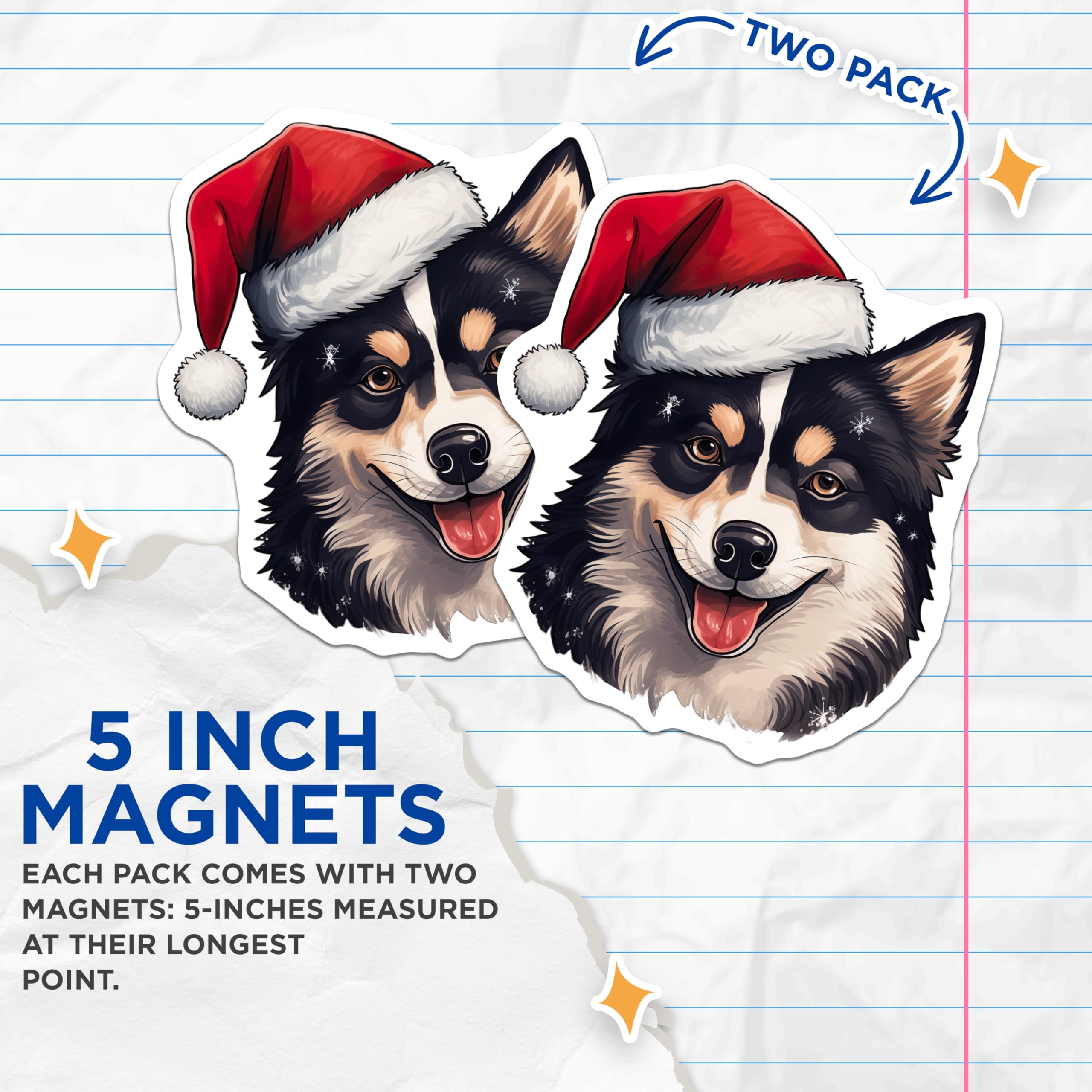 (2 Pack) Festive Christmas Dog Magnets - Smiling Santa Hat Doggie Decor - Happy Pet Refrigerator Accent - 5 Inches On Longest Side - Thick Durable Magnet - Made in USA - MAG28602