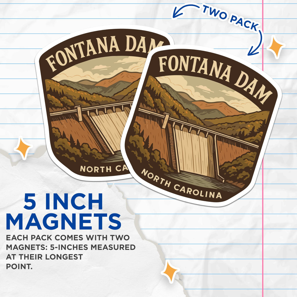 (2 Pack) Fontana Dam Magnets - North Carolina Travel Souvenir - Smoky Mountains Landmark - 5 Inches On Longest Side - Thick Durable Magnet - Made in USA - MAG19597