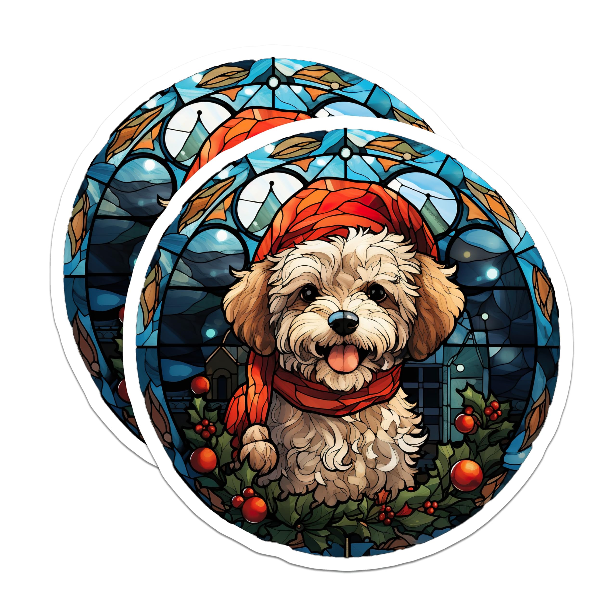(2 Pack) Christmas Dog Magnets - Stained Glass Puppy Artwork - Festive Pet Refrigerator Decor - Winter Holiday Animal Scene - 5 Inches On Longest Side - Thick Durable Magnet - Made in USA - MAG23400