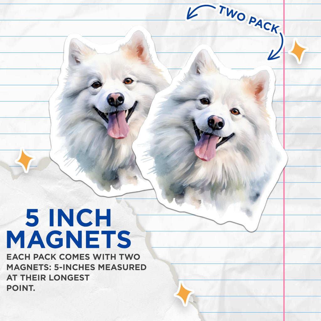 (2 Pack) Samoyed Dog Magnets - Watercolor Pet Art - Happy Fluffy Canine Decor - 5 Inches On Longest Side - Thick Durable Magnet - Made in USA - MAG24253