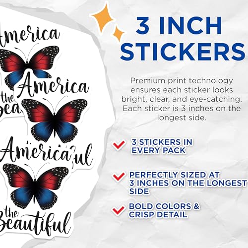 (3 Pack) America The Beautiful Decals - Butterfly Decal - Laptop Decal - 3 Inches On Longest Side - Easy Peel & Apply - Made in USA - 3MCS7265