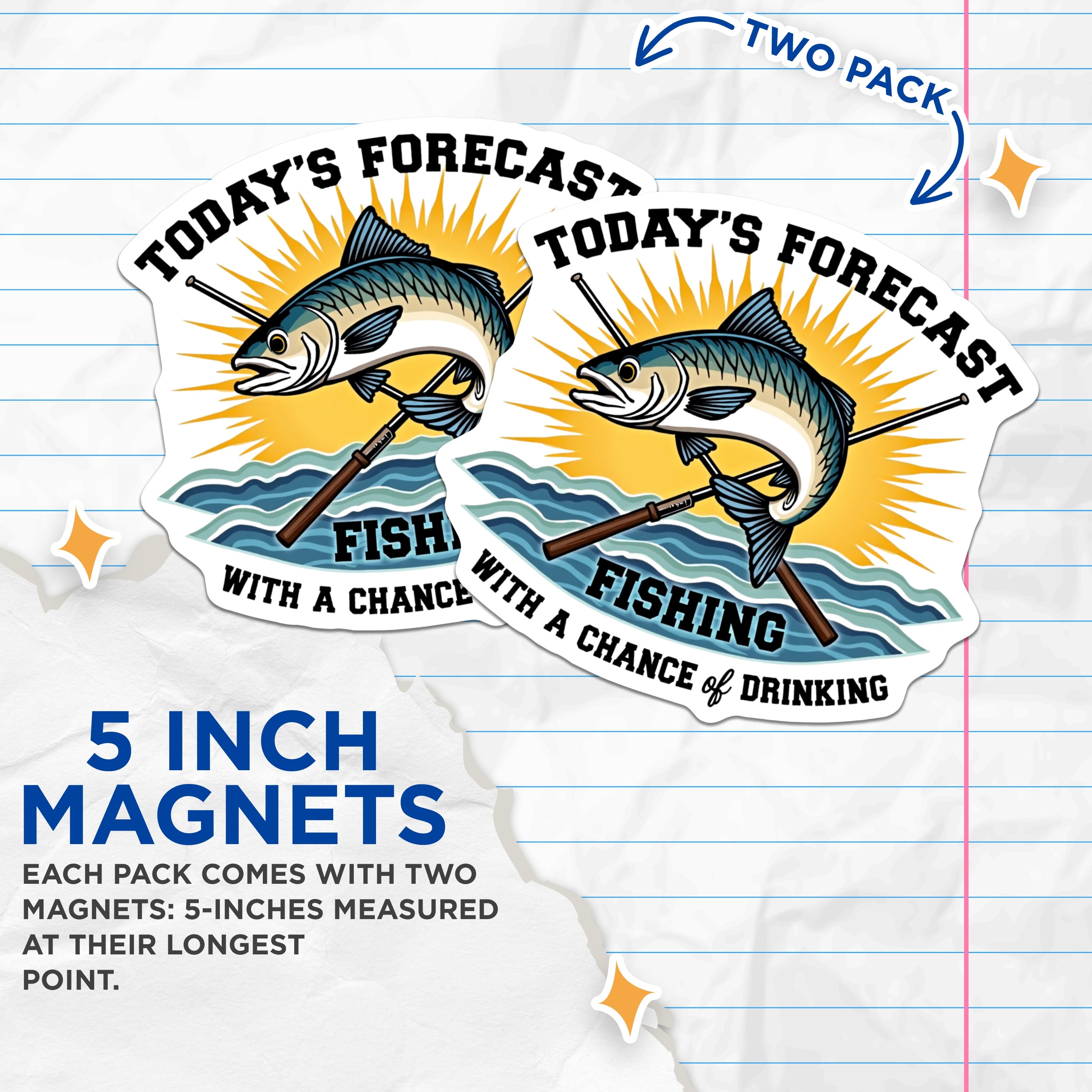 (2 Pack) Funny Fishing Magnets - Todays Forecast Fishing Humor - Fisherman Refrigerator Decor - Outdoor Enthusiast Item - 5 Inches On Longest Side - Thick Durable Magnet - Made in USA - MAG38112