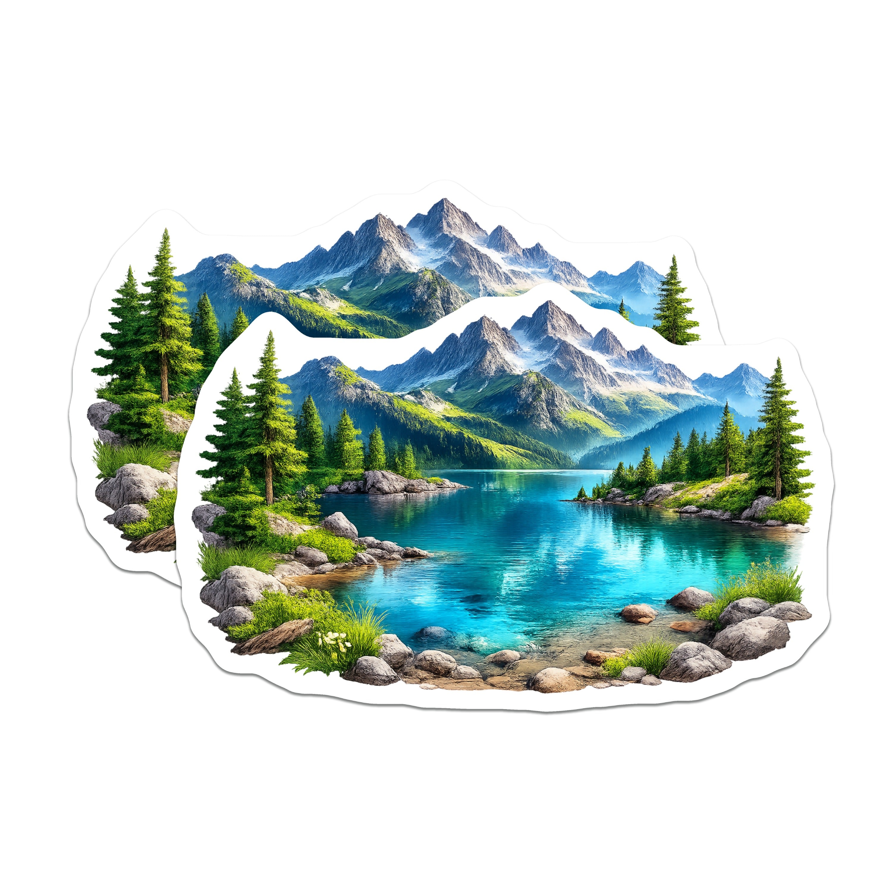 (2 Pack) Mountain Lake Magnets - Alpine Wilderness Landscape - Serene Nature Evergreen Forest Decor - 5 Inches On Longest Side - Thick Durable Magnet - Made in USA - MAG36372