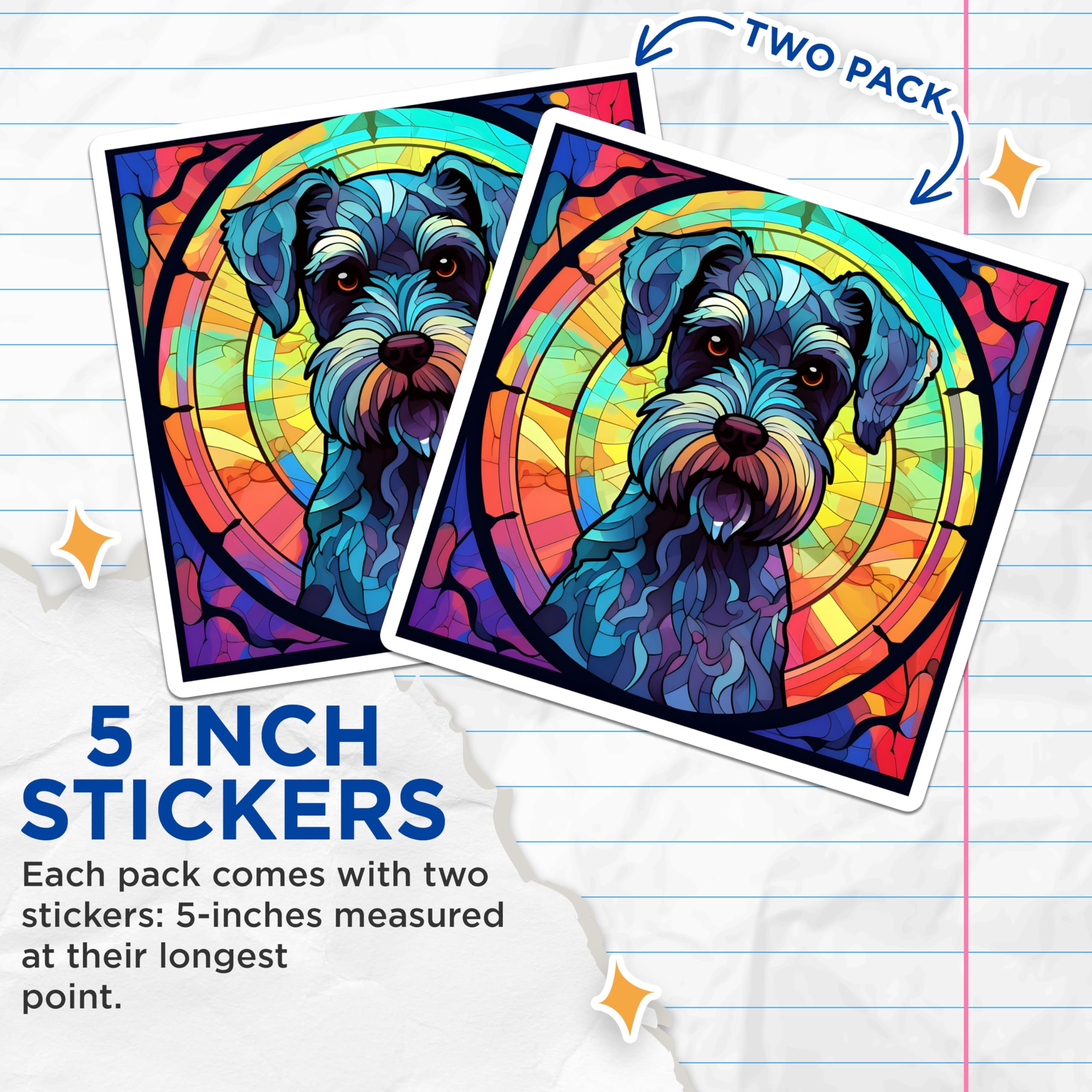 (2 Pack) Schnauzer Stickers - Stained Glass Dog Art - Decorative Decal- 5" On Longest Side - Sticks to Smooth Flat Surfaces - Made in USA - BMCS16179