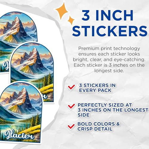 (3 Pack) Glacier Decals - Mountain Scenery - Laptop Sticker - Watercolor Art Decals - 3 Inches On Longest Side - Easy Peel & Apply - Made in USA - 3MCS0402