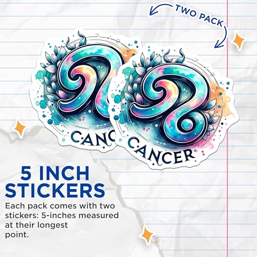 (2 Pack) Cancer Zodiac Sign Stickers - Astrology Art - Watercolor Horoscope Symbol - 5" On Longest Side - Sticks to Smooth Flat Surfaces - Made in USA - BMCS7034