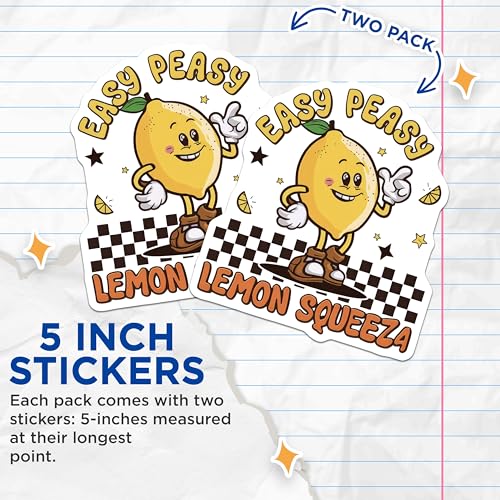 (2 Pack) Easy Peasy Lemon Squeeza Stickers - Cute Lemon Fruit Sticker Pack - 5" On Longest Side - Sticks to Smooth Flat Surfaces - Made in USA - BMCS8723 - BMCS8723