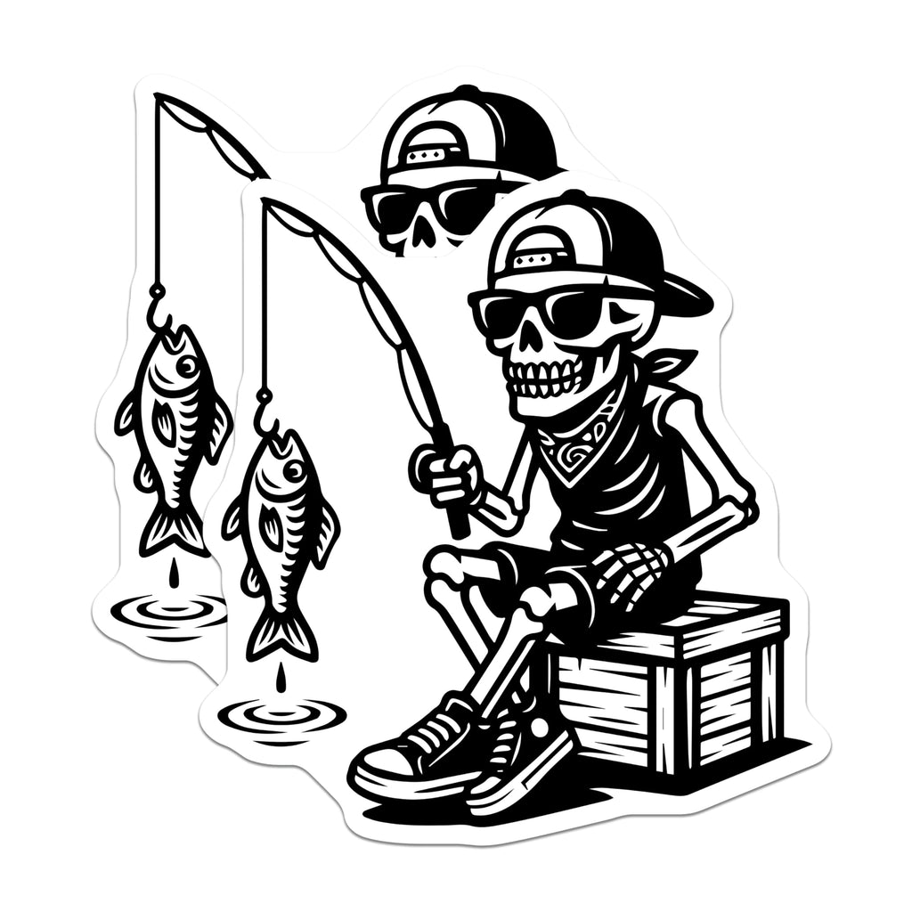 (2 Pack) Fishing Skeleton Stickers - Fisherman Grim Reaper - Funny Angler Decals- 5" On Longest Side - Sticks to Smooth Flat Surfaces - Made in USA - BMCS16727