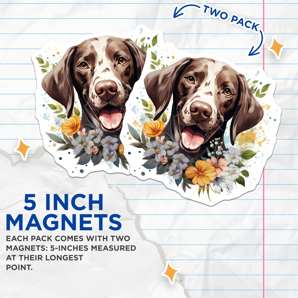 (2 Pack) German Shorthaired Pointer Magnets - Happy Dog Floral Art - Pet Parent Home Decor - 5 Inches On Longest Side - Thick Durable Magnet - Made in USA - MAG26157