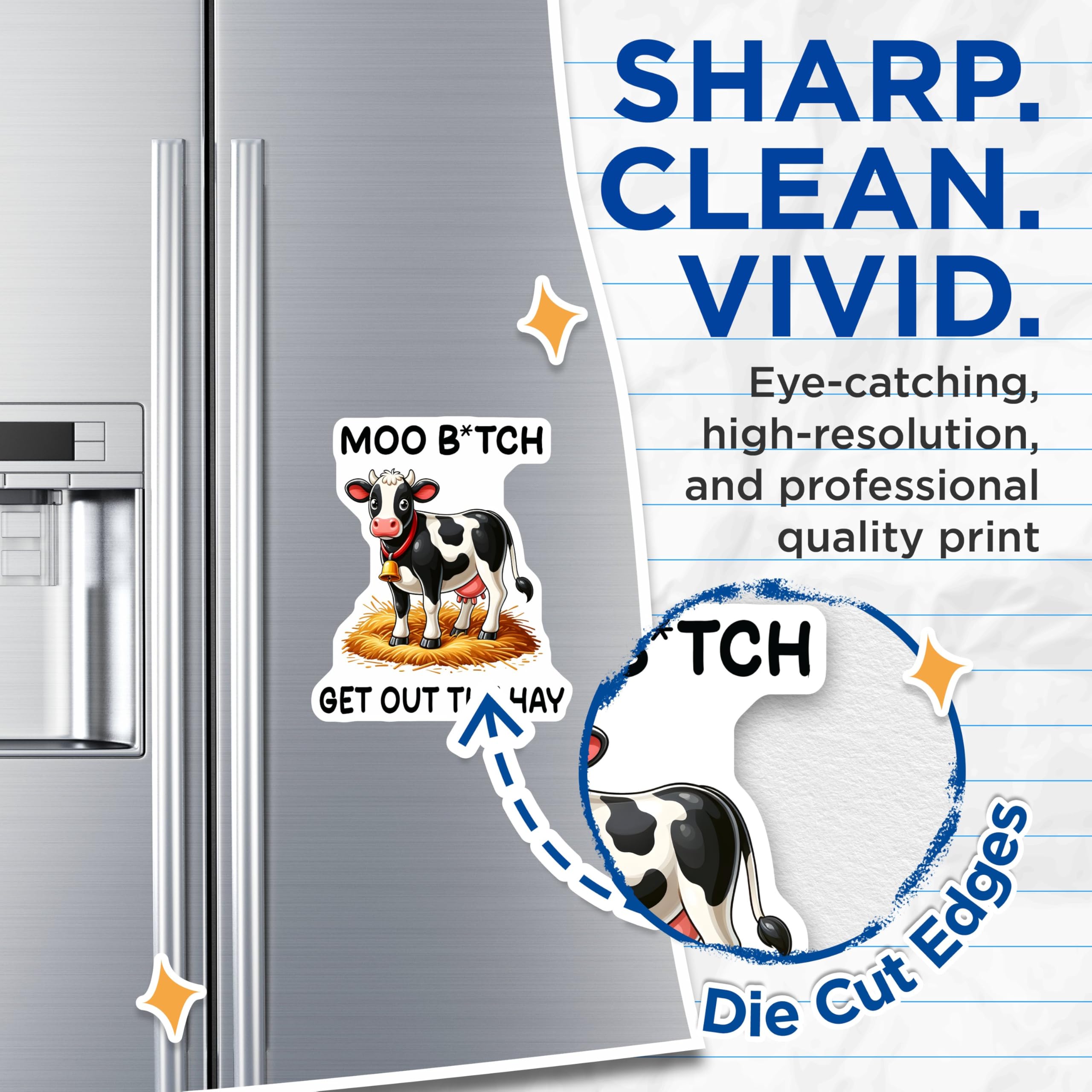 (2 Pack) Moo B*Itch Get Out The Hay Magnets - Funny Cow Design - Farmhouse Kitchen Decor - 5" On Longest Side - for Cars, Fridges, Toolboxes - Made in USA - MAG5648
