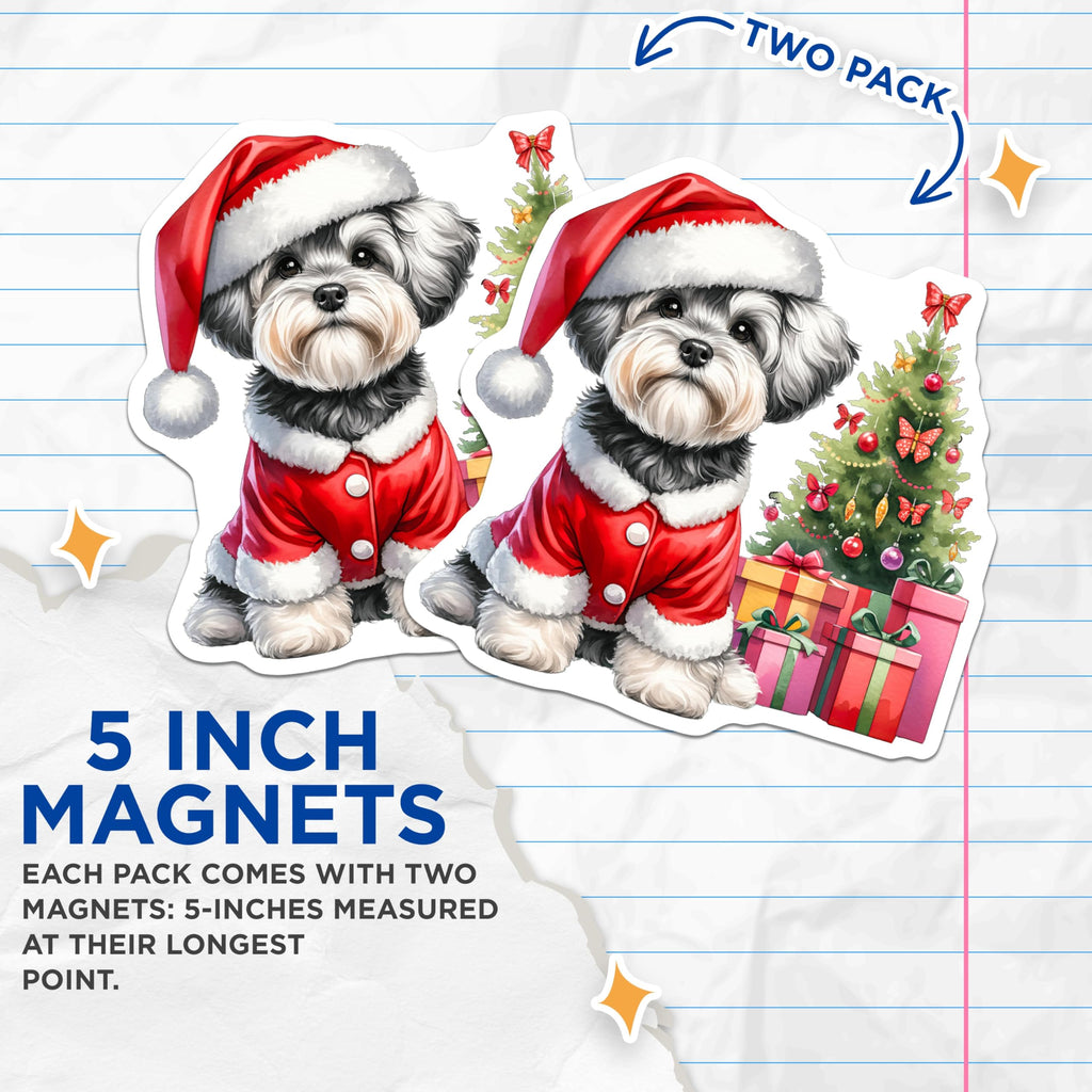 (2 Pack) Cute Fluffy Dog Christmas Magnets - Santa Puppy Holiday Decor - Festive Pet Refrigerator Accessory - 5 Inches On Longest Side - Thick Durable Magnet - Made in USA - MAG26585
