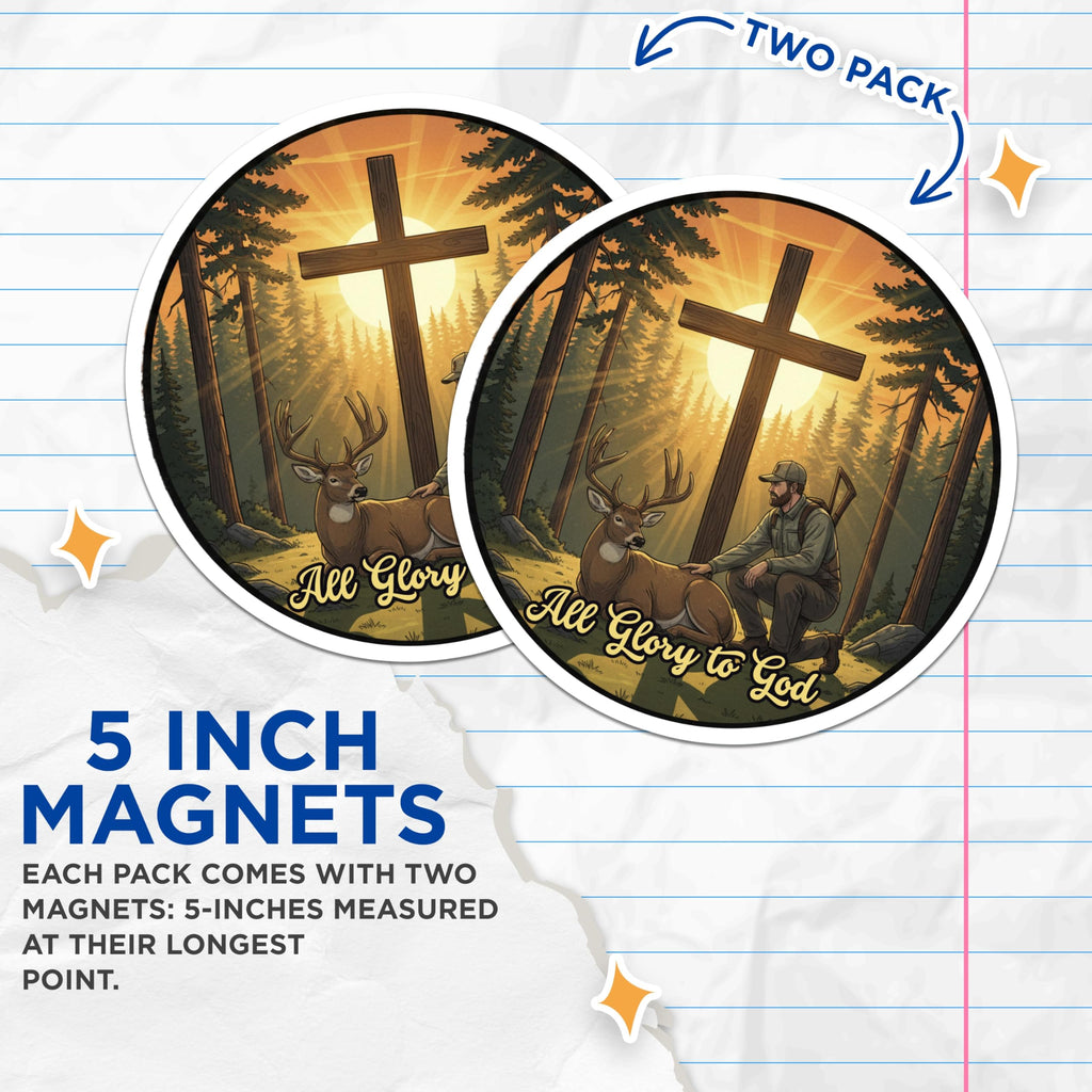 (2 Pack) Deer Hunter Magnets - Christian Cross Art - All Glory to God - 5" On Longest Side - Premium Magnet - for Cars, Refrigerators, Toolboxes, Lockers - Made in USA - MAG16678