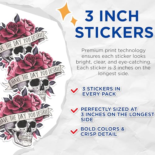 (3 Pack) Skull Rose Decals - Laptop Decals - Gothic Decal - 3 Inches On Longest Side - Easy Peel & Apply - Made in USA - 3MCS1347