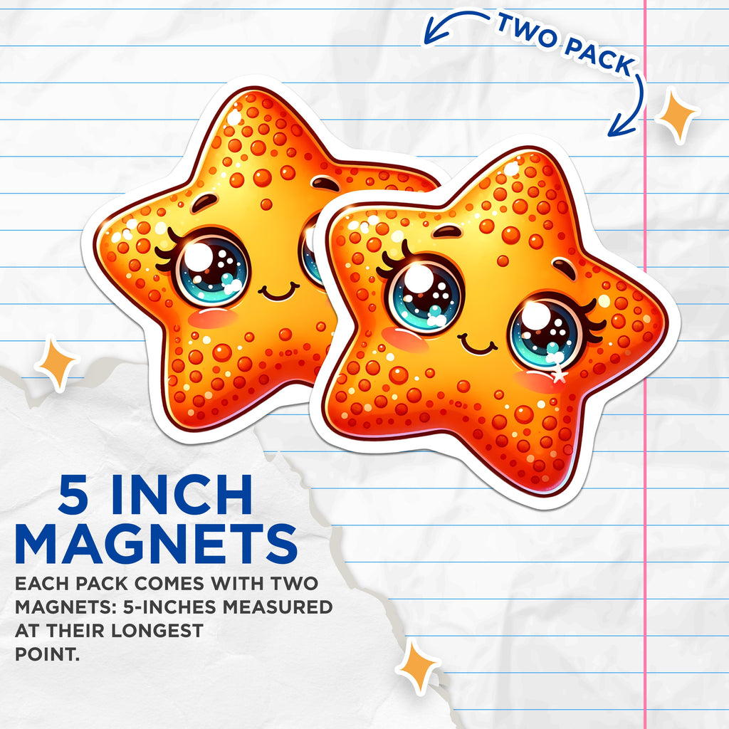 (2 Pack) Kawaii Starfish Magnets - Cute Ocean Fridge Magnets - Adorable Sea Life Decor - Nautical Creature Accent - 5 Inches On Longest Side - Thick Durable Magnet - Made in USA - MAG38316