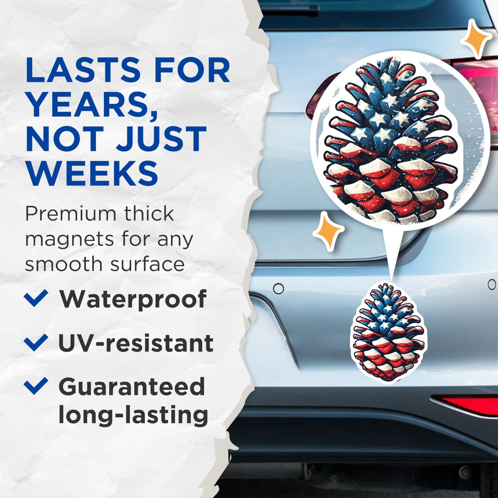(2 Pack) Patriotic Pinecone Magnets - American Flag Decor - 4th of July Celebration - 5 Inches On Longest Side - Thick Durable Magnet - Made in USA - MAG20098