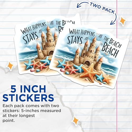 (2 Pack) What Happens at The Beach Stays at The Beach Stickers - Summer Vibes - 5" On Longest Side - Sticks to Smooth Flat Surfaces - Made in USA - BMCS9277 - BMCS9277