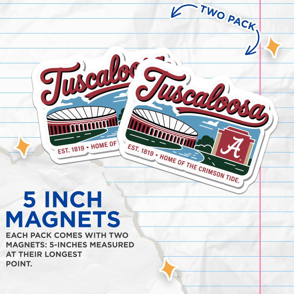 (2 Pack) Tuscaloosa Alabama Magnets - Crimson Tide College Decor - University of Bama Fan Gear - 5 Inches On Longest Side - Thick Durable Magnet - Made in USA - MAG19242