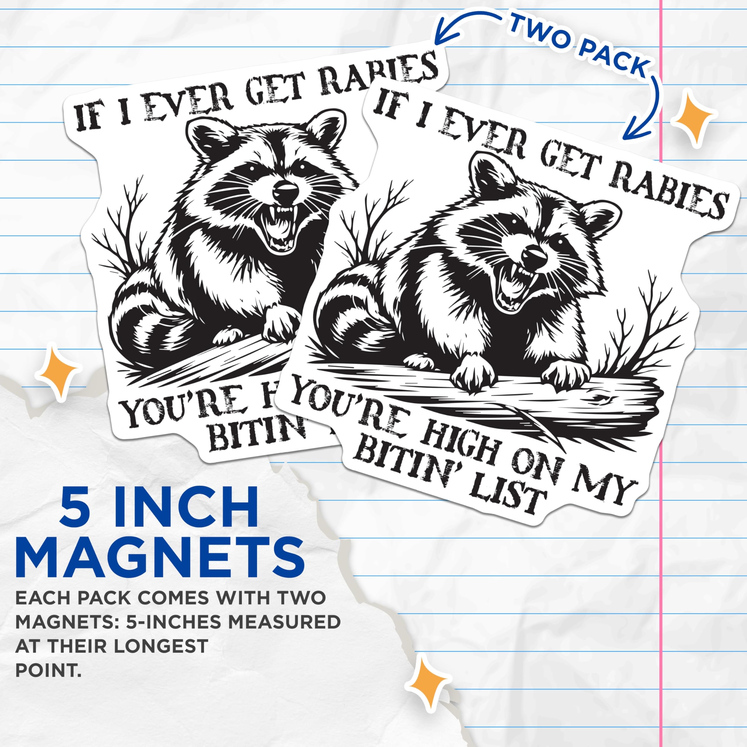 (2 Pack) Raccoon Magnets - Funny Bitin List Rabies Saying - Sarcastic Wildlife Humor - Edgy Animal Art - 5 Inches On Longest Side - Thick Durable Magnet - Made in USA - MAG22134