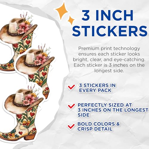 (3 Pack) Floral Cowboy Boot Decals - Western Hat Stickers - Country Style Decals - 3 Inches On Longest Side - Easy Peel & Apply - Made in USA - 3MCS4444