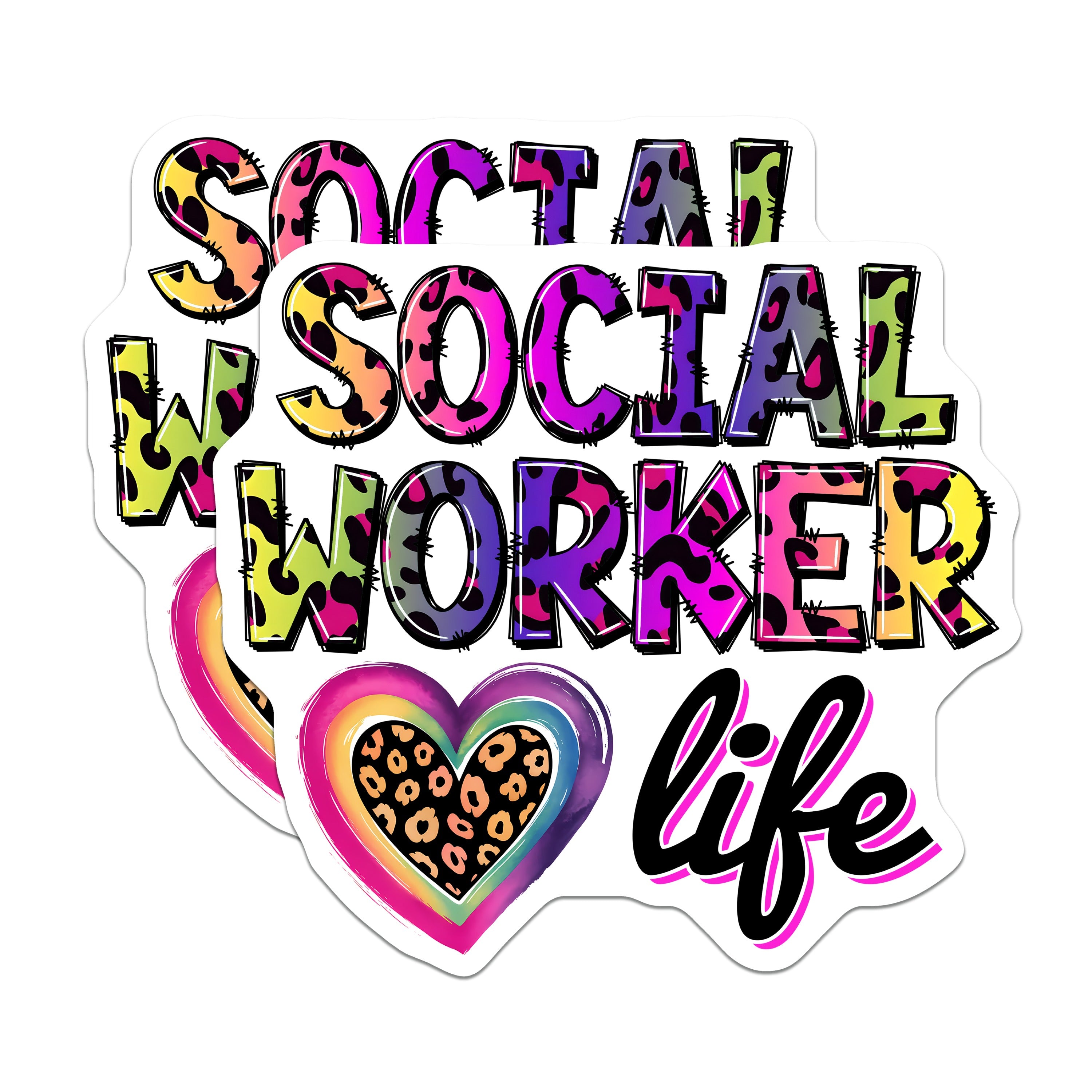 (2 Pack) Social Worker Magnets - Leopard Print Design - Rainbow Heart Profession Display - Student Appreciation - 5 Inches On Longest Side - Thick Durable Magnet - Made in USA - MAG36503