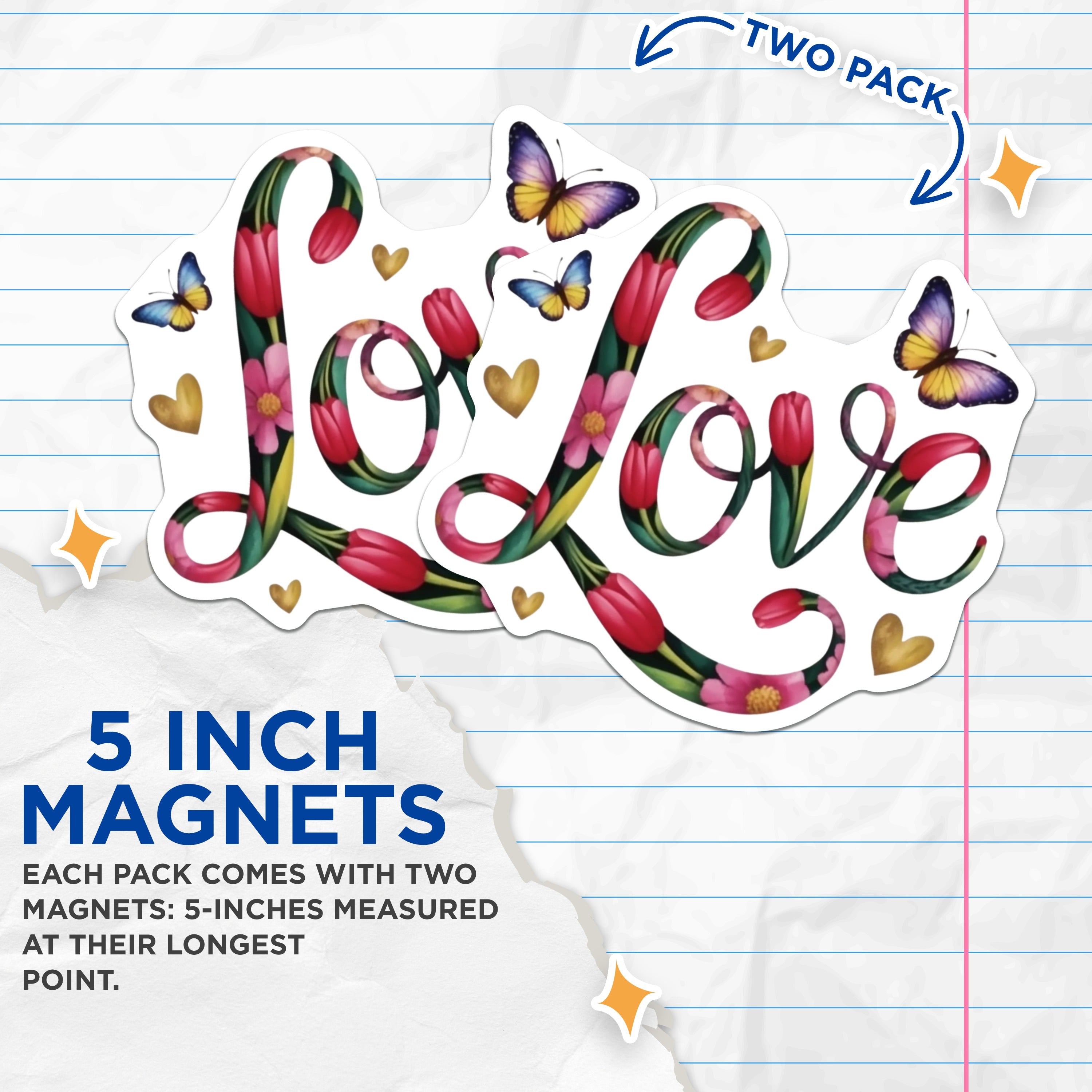 (2 Pack) Floral Love Magnets - Butterfly Tulip Decor - Romantic Heart Fridge Magnet - Spring Kitchen Locker Decoration - 5 Inches On Longest Side - Thick Durable Magnet - Made in USA - MAG38246