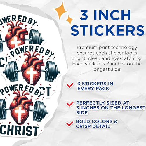 (3 Pack) Powered by Christ Decals - Christian Fitness - Jesus Workout Stickers - 3 Inches On Longest Side - Easy Peel & Apply - Made in USA - 3MCS8413